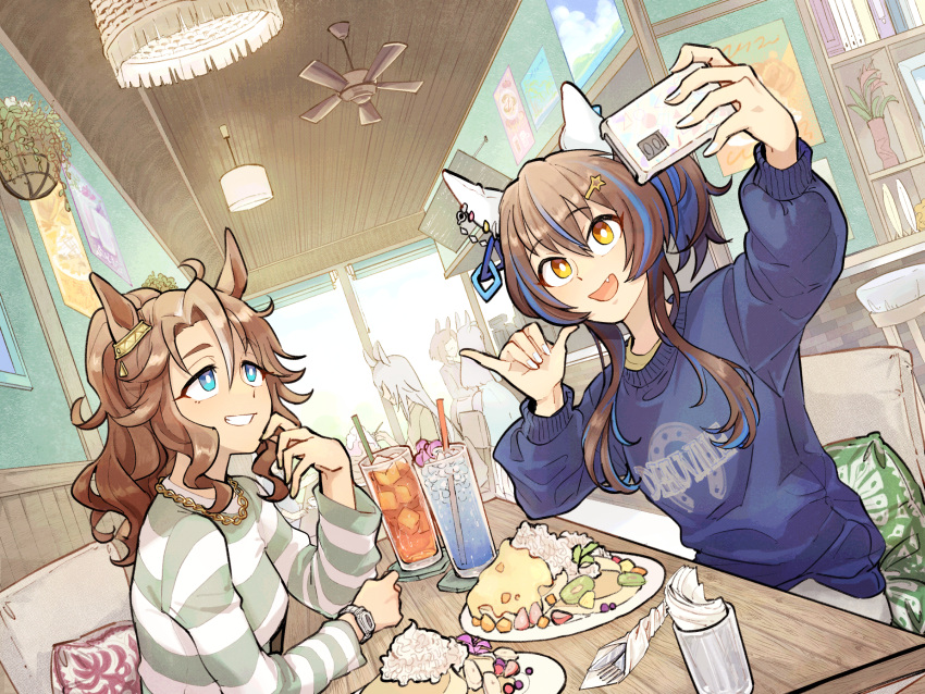 2girls animal_ears bangs blonde_hair blue_eyes blue_hair blue_sweater bright_pupils brown_hair ceiling_fan ceiling_light chair cup daitaku_helios_(umamusume) drinking_straw dutch_angle ear_covers elbows_on_table fang food fork grin hair_ornament hairclip highres holding holding_phone horse_ears horse_girl indoors jewelry knife long_sleeves mejiro_palmer_(umamusume) multicolored_hair multiple_girls napkin necklace open_mouth outstretched_arm people phone pillow plant ponytail poster_(object) potted_plant restaurant selfie shaka_sign shirt sitting smile striped striped_shirt sweater table two-tone_hair umamusume watch white_pupils wristwatch yoshidanoe