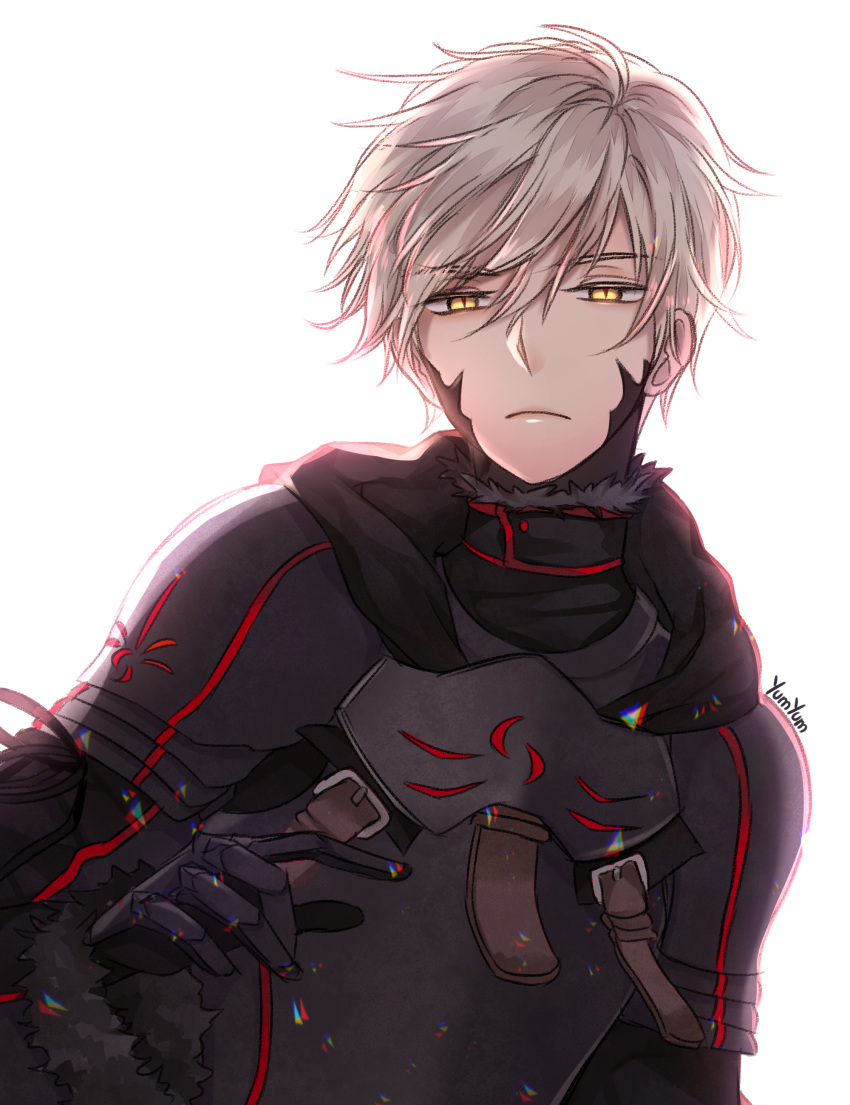 1boy absurdres alter_servant armor arthur_pendragon_(fate) arthur_pendragon_alter_(fate) blonde_hair closed_mouth fate/prototype fate/prototype:_fragments_of_blue_and_silver fate/stay_night fate_(series) hair_between_eyes highres looking_at_viewer male_focus signature simple_background solo upper_body white_background yellow_eyes yumyum