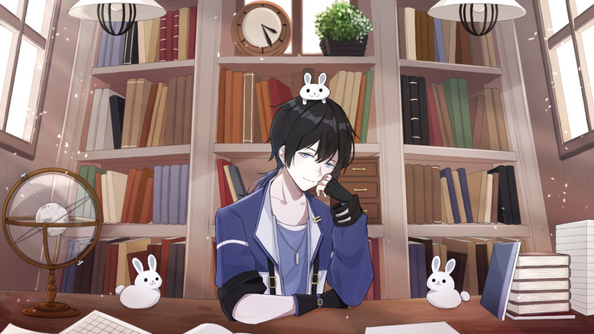 1boy animal_on_head black_hair blue_eyes blue_hair book bunny colored_tips dano_(vtuber) head_rest highres library looking_at_viewer multicolored_hair on_head pale_skin scblue second-party_source tokki_live virtual_youtuber