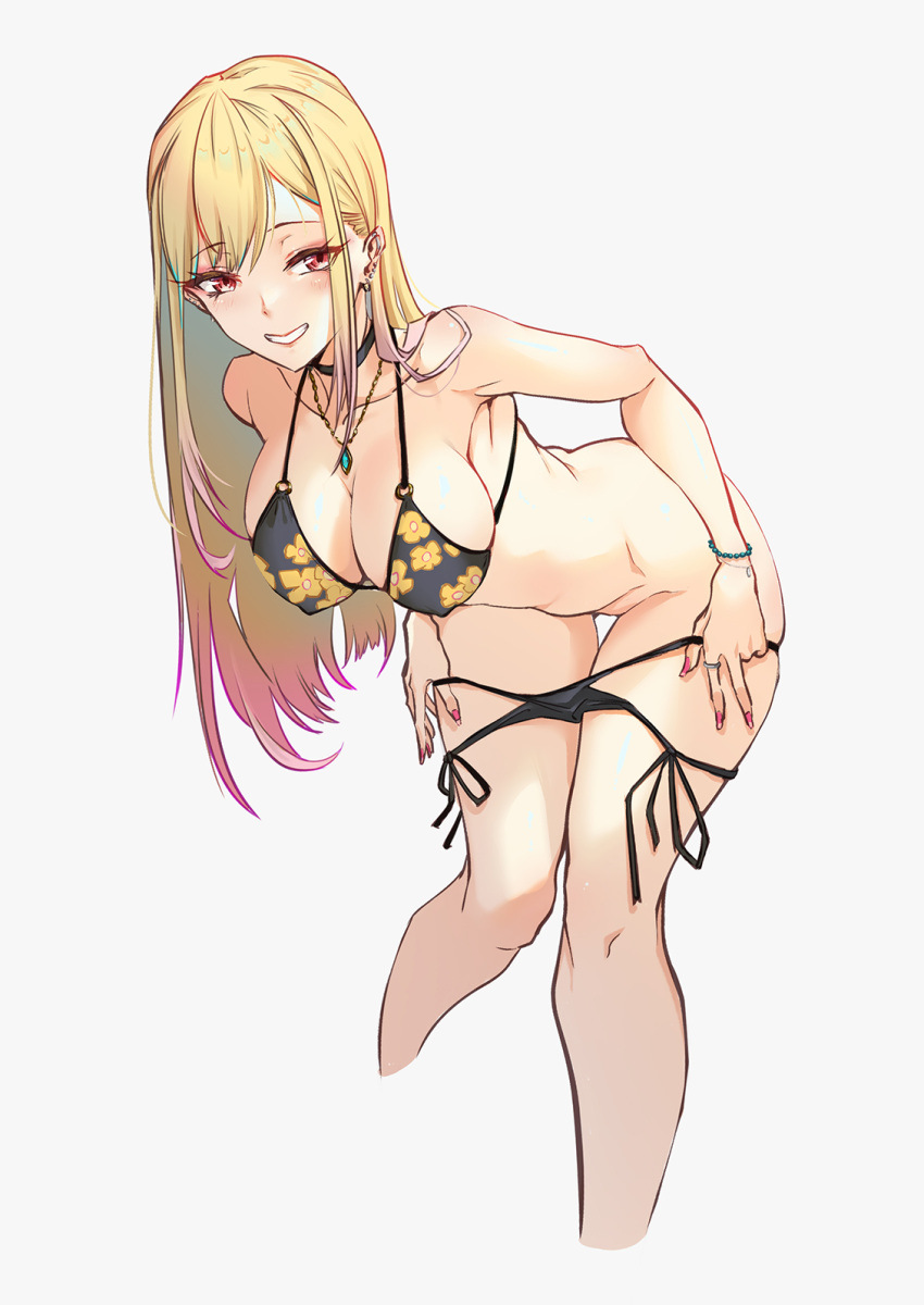 1girl armpits bangs bikini bikini_pull black_bikini black_collar blonde_hair bracelet breasts breath clothes_pull collar earrings eyebrows_visible_through_hair gradient_hair grin halterneck heart hetero highres jewelry kitagawa_marin kneeling large_breasts leaning_forward long_hair looking_at_viewer multi-strapped_bikini multicolored_hair navel necklace o-ring o-ring_bikini o-ring_top piercing pink_nails red_eyes red_hair ring side-tie_bikini simple_background smile solo sono_bisque_doll_wa_koi_wo_suru string_bikini sunday_se7en swept_bangs swimsuit undressing white_background