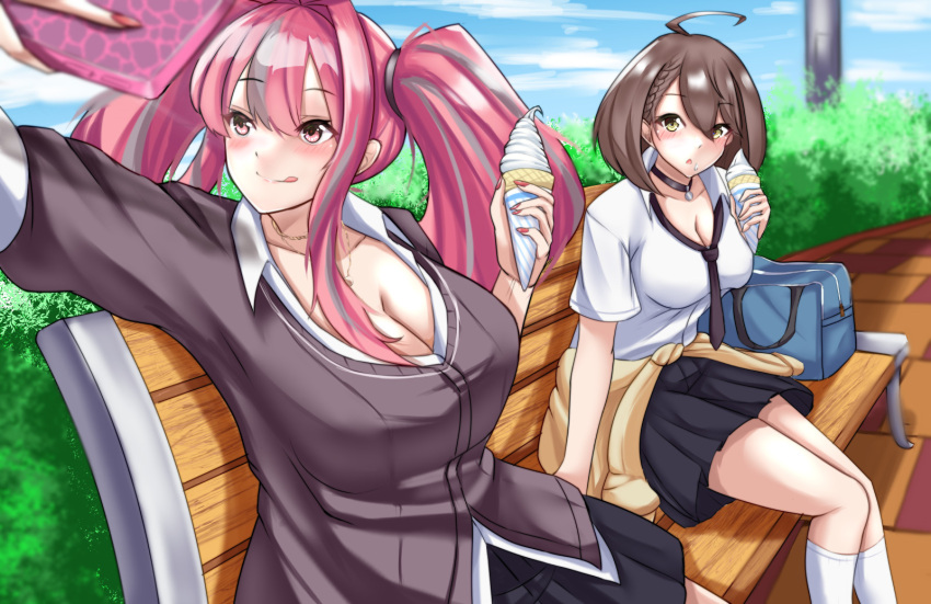 2girls :q ahoge azur_lane bag baltimore_(azur_lane) bangs bench black_cardigan black_choker black_necktie black_skirt blue_sky blush braid breasts bremerton_(azur_lane) brown_hair bush cardigan cellphone choker cleavage clothes_around_waist cloud collarbone commentary_request day eyebrows_visible_through_hair feet_out_of_frame food grey_eyes highres holding holding_food holding_phone ice_cream jacket jacket_around_waist jewelry kamizin kneehighs large_breasts long_hair long_sleeves miniskirt multicolored_hair multiple_girls nail_polish necklace necktie outdoors parted_lips phone pink_hair pink_nails pleated_skirt shirt short_sleeves single_braid sitting skirt sky smartphone streaked_hair thighs tongue tongue_out twintails white_legwear white_shirt