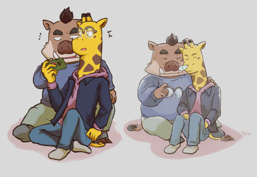 2022 anthro bottomwear brown_body cellphone clothing duo eyes_closed giraffe giraffid kensuke_shibagaki_(odd_taxi) male male/male mammal odd_taxi pants phone satoshi_nagashima_(odd_taxi) saturn_ribbon shirt sitting sleeping slightly_chubby smartphone suid suina sus_(pig) topwear wild_boar yellow_body