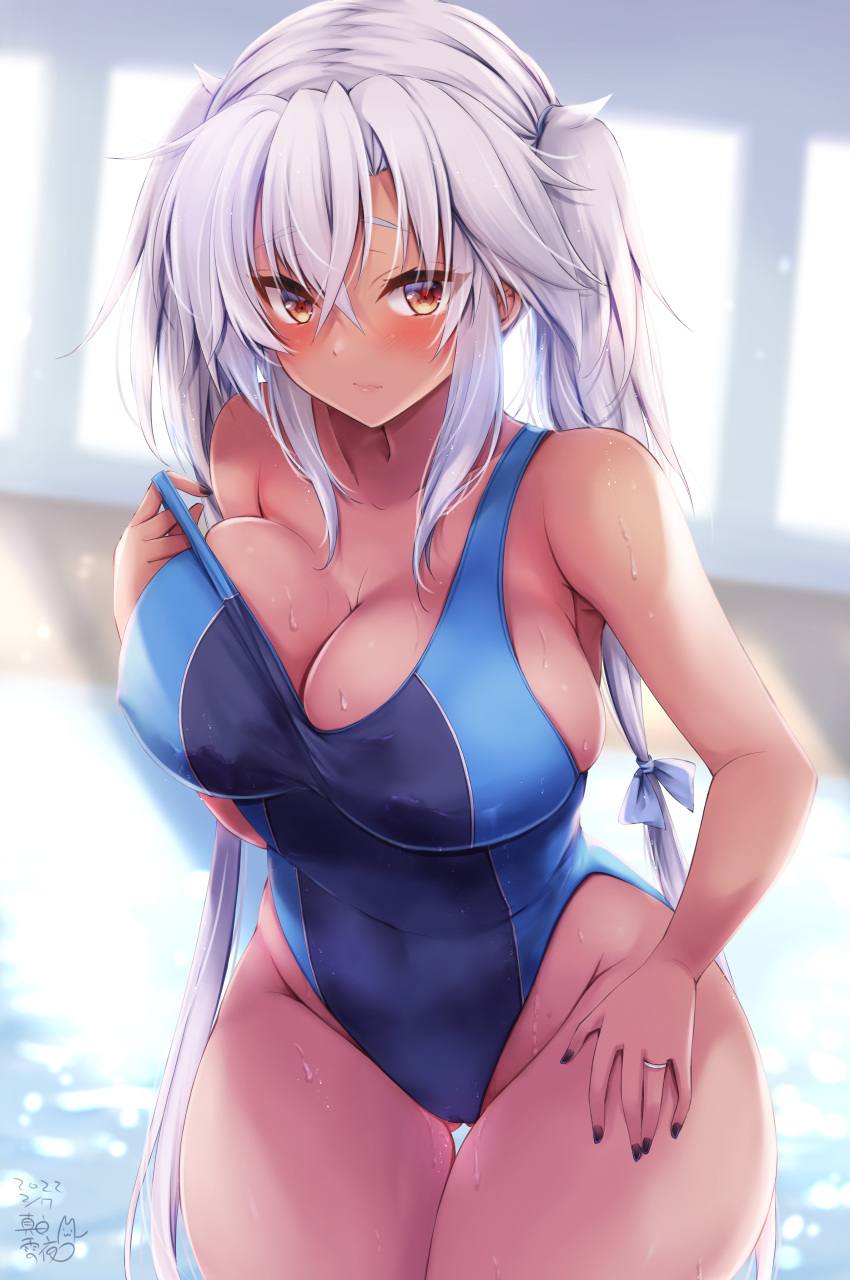 1girl absurdres ass_visible_through_thighs black_nails blue_swimsuit blush breasts brown_eyes cleavage closed_mouth collarbone covered_navel dark_skin highres jewelry kantai_collection large_breasts looking_at_viewer mashiro_yukiya musashi_(kancolle) musashi_kai_ni_(kancolle) one-piece_swimsuit partially_submerged pool ring silver_hair solo strap_pull swimsuit twintails wavy_mouth wedding_band wet wide_hips
