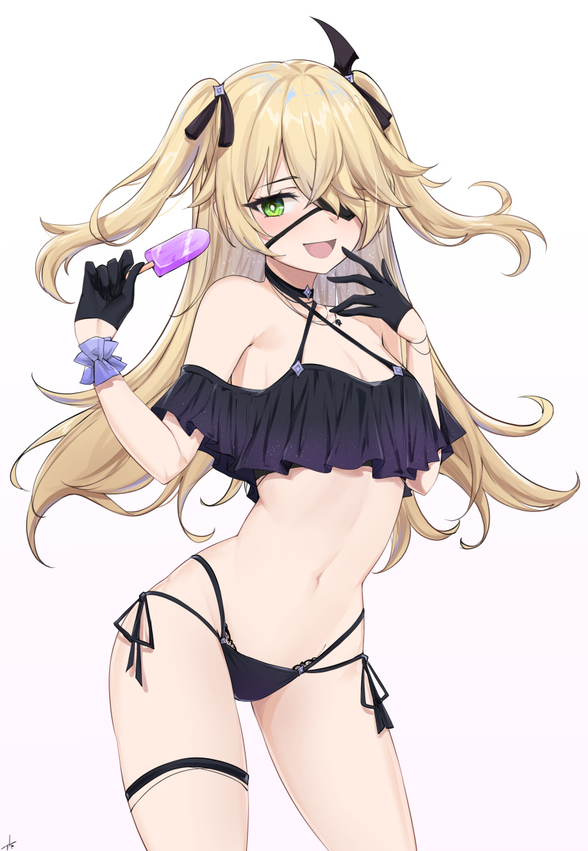 1girl :d absurdres bikini black_choker black_gloves blonde_hair breasts choker cleavage cowboy_shot eyepatch fischl_(genshin_impact) floating_hair food frilled_bikini frills genshin_impact gloves green_eyes hair_over_one_eye hair_ribbon highres holding holding_food long_hair looking_at_viewer multi-strapped_bikini navel open_mouth popsicle ribbon scrunchie side-tie_bikini simple_background smile solo stomach sunny721 swimsuit thigh_strap two_side_up white_background wrist_scrunchie