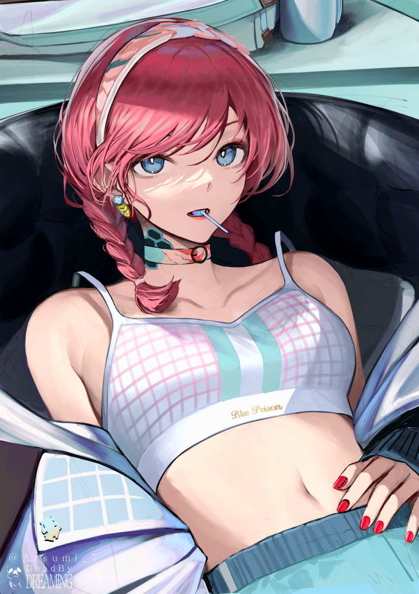 1girl absurdres arknights atsumi_7 bangs bare_shoulders blue_eyes blue_poison_(arknights) blue_poison_(shoal_beat)_(arknights) braid breasts bright_pupils candy character_name choker clothes_writing collarbone earrings eyebrows_behind_hair food food_in_mouth hairband hand_on_own_stomach highres jacket jewelry lollipop long_hair long_sleeves looking_at_viewer lying medium_breasts mouth_hold nail_polish navel off_shoulder official_alternate_costume on_back open_clothes open_jacket pink_choker pink_hair pink_hairband red_nails sleeves_past_wrists solo sports_bra stomach swept_bangs twin_braids upper_body white_jacket