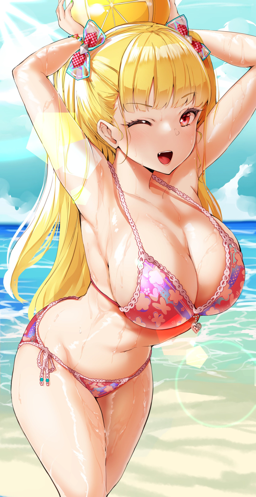 1girl absurdres agetama armpits arms_up ass ball bare_shoulders beach beachball bikini blonde_hair breasts cleavage cloud collarbone ears fangs hands_up highres large_breasts long_hair looking_at_viewer navel ocean one_eye_closed open_mouth ribbon-trimmed_bikini ribbon_trim shiny shiny_skin sky smile sunlight sweat sweatdrop swimsuit tokyo_7th_sisters twintails uesugi_u._kyouko very_long_hair water water_drop wet wet_clothes