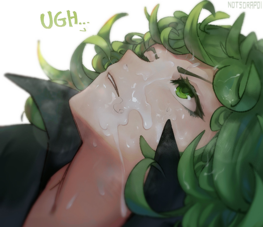 1girl annoyed artist_name bangs cum facial green_eyes green_hair head highres looking_up medium_hair one-punch_man parted_lips simple_background sorapoi stray_pubic_hair tatsumaki white_background