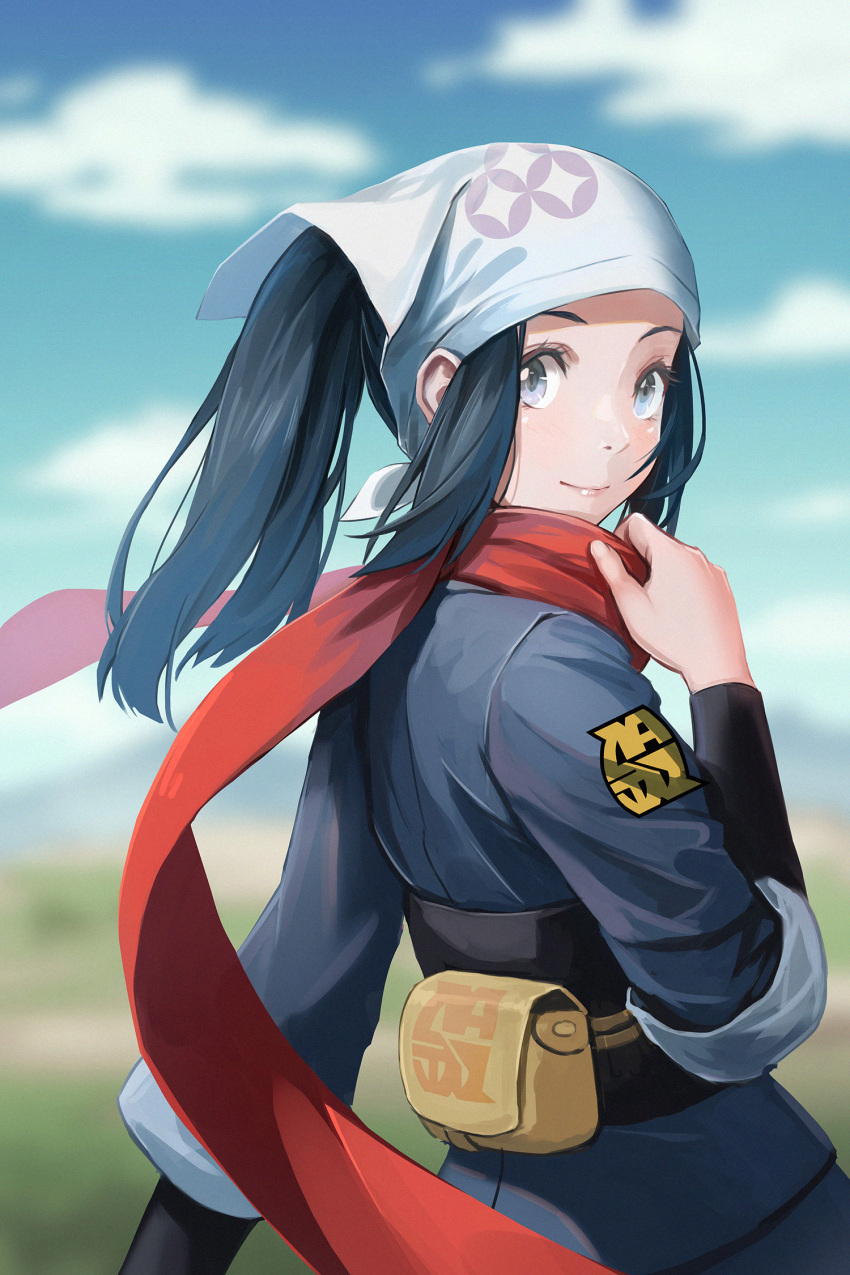 1girl akari_(pokemon) black_hair blurry blurry_background closed_mouth cloud day floating_hair from_side grey_eyes grey_jacket highres jacket long_hair long_sleeves looking_at_viewer outdoors pokemon pokemon_(game) pokemon_legends:_arceus ponytail red_scarf redpoke scarf shiny shiny_hair sidelocks smile solo upper_body