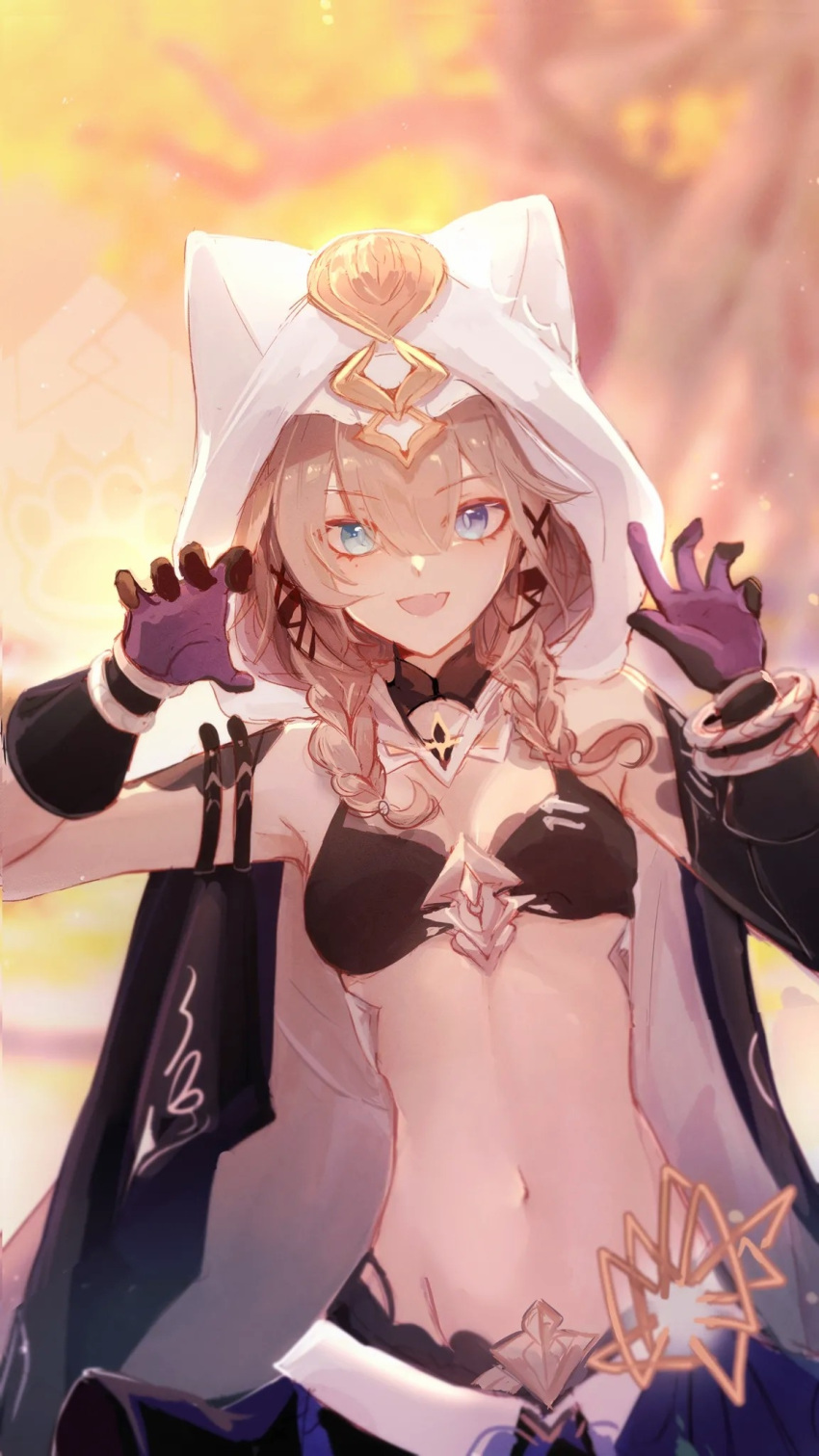 1girl :d animal_hood bangs black_bra black_cape blue_eyes blurry bra bracelet braid breasts brown_hair cape cat_hood character_request chinese_commentary commentary_request cowboy_shot detached_collar eyebrows_visible_through_hair fang gloves gold groin hands_up highres honkai_(series) honkai_impact_3rd hood jewelry medium_hair navel open_mouth paw_pose senin_liku skin_fang small_breasts smile solo standing sunlight tree twin_braids underwear white_hood