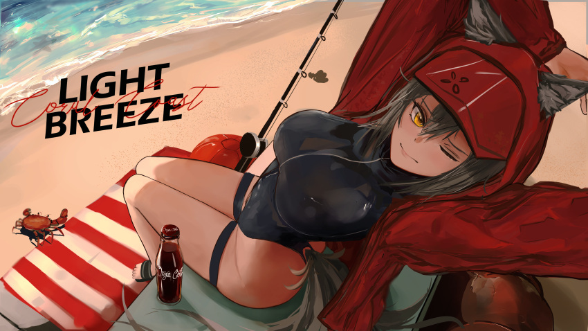 1girl absurdres aernius animal_ears arknights arms_up ball bangs bare_legs beach beach_towel beachball black_footwear black_swimsuit bottle breasts cola commentary crab fishing_rod flip-flops grey_hair hair_between_eyes highres hood hooded_jacket jacket large_breasts long_sleeves looking_at_viewer ocean one-piece_swimsuit one_eye_closed open_clothes open_jacket projekt_red_(arknights) projekt_red_(light_breeze)_(arknights) red_jacket sandals short_hair sitting solo swimsuit thigh_strap thighs towel water wolf_ears yellow_eyes