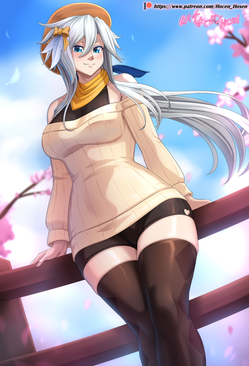 1girl absurdres bare_shoulders blue_eyes brave_frontier cherry_blossoms highres looking_at_viewer scarf sefia shorts sweater thighhighs thighs vilde_loh_hocen white_hair