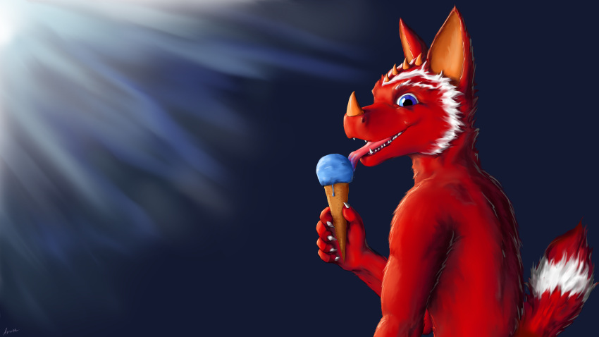 absurd_res arcane arcwolfdragon blue_eyes canid canine canis desktop dessert dragon food fur grin hi_res hybrid ice ice_cream licking looking_at_viewer mammal red_body red_fur smile teeth teeth_showing tongue tongue_out toung wallpaper wolf