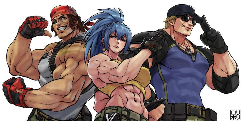 absurdres bandana clark_still everyone glasses highres jamrolypoly leona_heidern military military_uniform muscular muscular_female muscular_male pocket pose ralf_jones shirt t-shirt the_king_of_fighters the_king_of_fighters_xv uniform