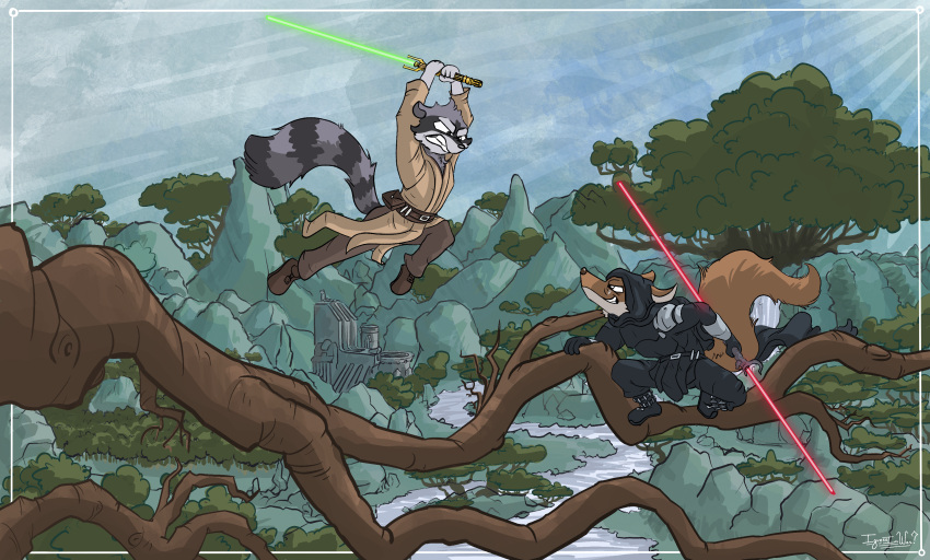 absurd_res anthro canid canine canis duo hi_res jedi joe(oc) male mammal procyonid raccoon ragey sith star_wars wolf