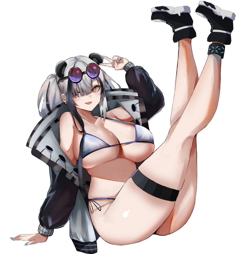 1girl alternate_costume animal_ears anklet arknights arm_support bikini black_footwear black_hair black_jacket blue_nails breasts cleavage commentary extra_ears eyebrows_visible_through_hair eyewear_on_head fang feater_(arknights) full_body grey_bikini hair_between_eyes hair_over_one_eye highres huge_breasts infection_monitor_(arknights) jacket jewelry legs_up looking_to_the_side medium_hair multicolored_hair nail_polish open_clothes open_jacket open_mouth orange_eyes panda_ears purple-tinted_eyewear shoes side-tie_bikini sidelocks silver_hair simple_background sitting skindentation smile solo streaked_hair string_bikini sunglasses swimsuit thigh_strap thighs tinted_eyewear twintails two-tone_hair unknownnoname0 v white_background