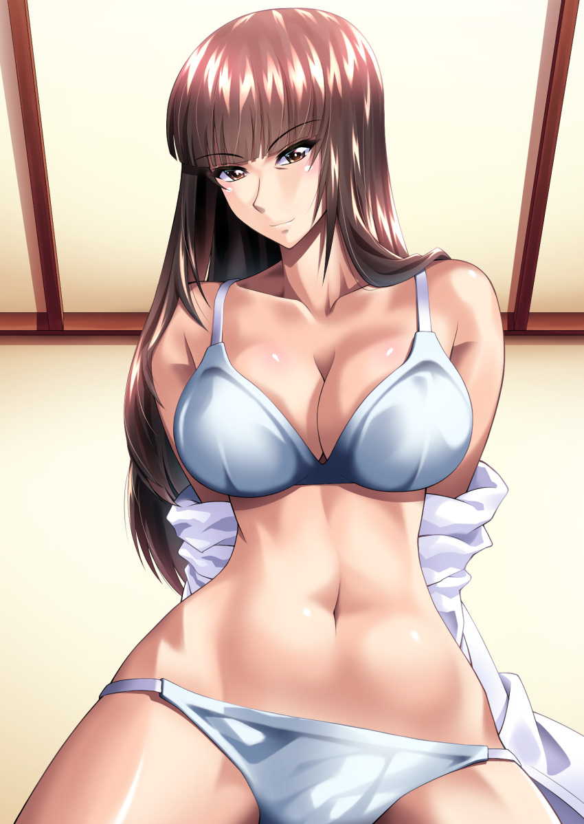 1girl bangs black_eyes blunt_bangs bra breasts brown_hair cleavage closed_mouth clothes_pull commentary_request dress_shirt eyes_visible_through_hair girls_und_panzer half-closed_eyes highres indoors large_breasts long_hair looking_at_viewer miraino_tsubasa navel nishizumi_shiho panties partial_commentary pulled_by_self shirt shirt_pull smile solo straight_hair string_panties underwear undressing white_bra white_panties white_shirt