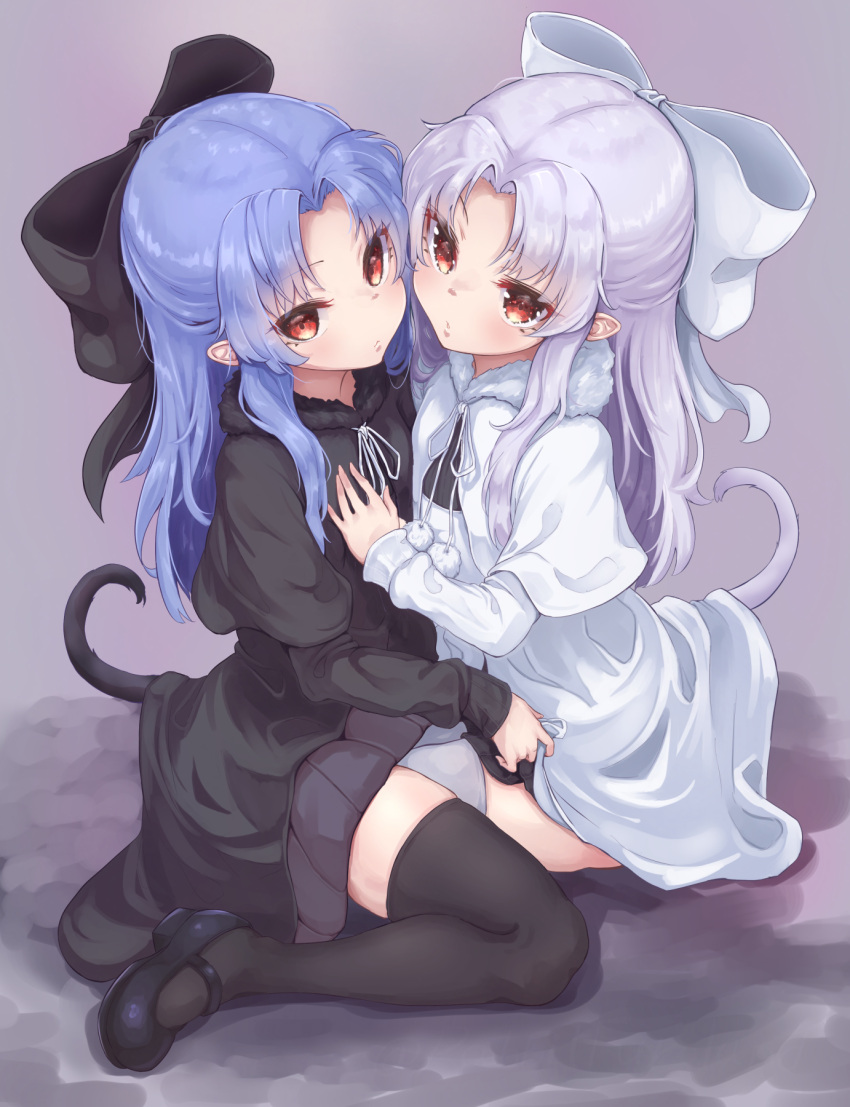 2girls bangs bare_arms black_bow black_dress black_footwear black_legwear blue_hair bow breasts capelet cat_tail closed_mouth cowboy_shot dress fur_collar grey_background hair_bow hand_on_another's_chest highres len_(tsukihime) long_hair looking_at_viewer looking_to_the_side melty_blood multiple_girls open_mouth parted_bangs parted_lips petite pointy_ears pulled_by_another rabittofaa red_eyes silver_hair simple_background small_breasts tail thighhighs tsukihime white_bow white_dress white_footwear white_hair white_legwear white_len_(tsukihime)