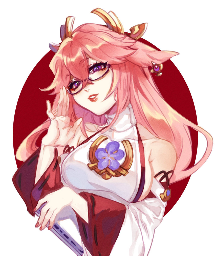 1girl animal_ears bespectacled detached_sleeves earrings english_commentary fox_ears genshin_impact glasses highres japanese_clothes jewelry lips long_hair low-tied_long_hair lucerna_lunam miko pink_hair pink_nails priestess purple_eyes red-framed_eyewear shirt solo white_shirt yae_miko