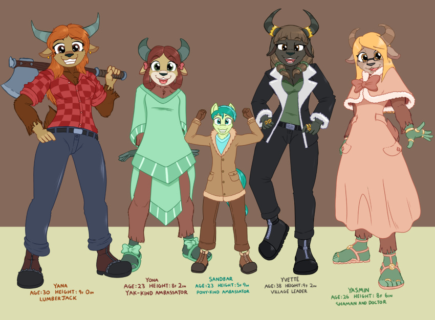 :3 axe blue_eyes boots bottomwear bovid bovine brown_eyes caroo clothing denim denim_clothing dress ear_piercing earth_pony english_text equid equine eyewear fan_character female footwear furgonomics furry-specific_jewelry glasses gloves gold_(metal) gold_jewelry green_eyes handwear hasbro horn horse jacket jeans jewelry larger_female looking_at_viewer male mammal melee_weapon my_little_pony pants piercing pony ring sandals sandbar_(mlp) shirt size_difference smaller_male smile text topwear turquoise_hair weapon yak yana_(oc) yasmin_(oc) yona_yak_(mlp) yvette_(oc)