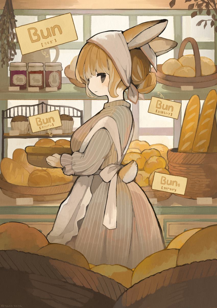 1girl :| absurdres animal_ears bakery bangs black_eyes bread breasts bunny check_commentary closed_mouth commentary_request double_bun food from_side highres indoors jitome looking_at_viewer looking_to_the_side medium_breasts original personification rabbit_ears rabbit_tail sakutake_(ue3sayu) shop short_hair solid_eyes solo standing striped tail