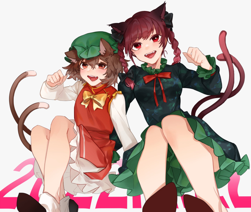 2girls :d animal_ears arm_support bangs black_bow bow bowtie braid breasts brown_hair cat_ears cat_tail chen dress eyebrows_visible_through_hair fangs feet_out_of_frame gold_trim gradient gradient_background green_dress green_headwear grey_background hair_bow hair_ribbon hand_up hat highres kaenbyou_rin knees_together_feet_apart long_hair medium_breasts mob_cap multiple_girls multiple_tails nekomata paw_pose petticoat red_bow red_bowtie red_dress red_eyes red_hair ribbon shidaccc short_hair simple_background smile tail teeth touhou tress_ribbon twin_braids twintails two_tails upper_teeth yellow_bow yellow_bowtie