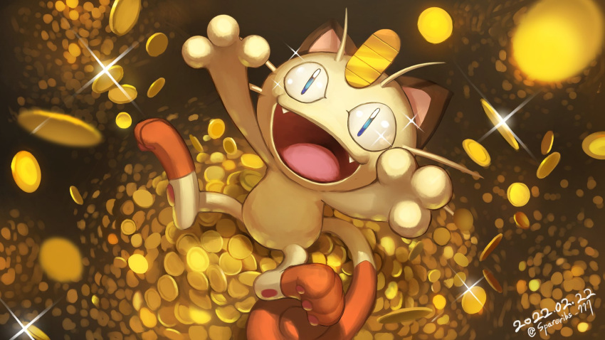 :d animal_focus arms_up blue_eyes coin commentary_request dated fangs from_above glint highres looking_up meowth no_humans open_mouth pokemon pokemon_(creature) sitting smile solo spareribs sparkle toes tongue twitter_username