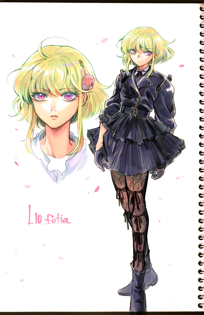 1boy 2boys 302 black_dress black_jacket black_skirt blonde_hair dress flower frilled_skirt frills gloves hair_flower hair_ornament highres jacket leather leather_jacket leg_ribbon lio_fotia male_focus multiple_boys otoko_no_ko pantyhose promare purple_eyes ribbon short_hair short_hair_with_long_locks sidelocks skirt solo