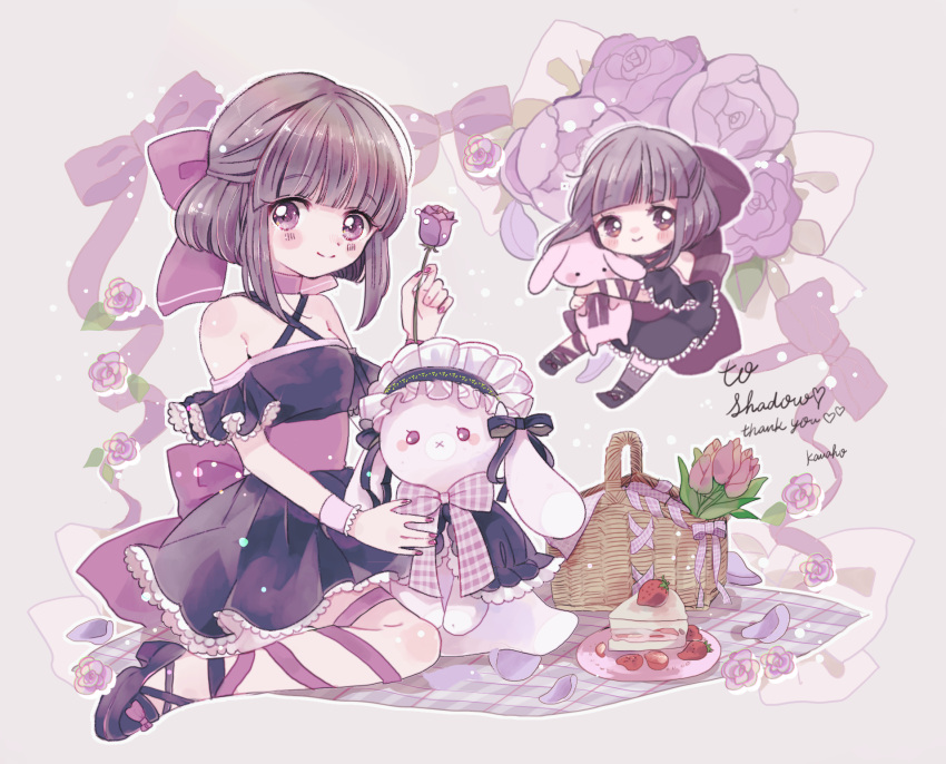 1girl bangs blush bow brown_hair bunny cake cake_slice chibi choker commission commissioner_upload criss-cross_halter dress eyebrows_visible_through_hair fallenshadow flat_chest flower food frills hair_bow halterneck highres holding holding_flower holding_stuffed_toy indie_virtual_youtuber looking_to_the_side nail_polish object_hug on_floor picnic picnic_basket pink_bow pink_eyes pink_nails pink_ribbon pleated_skirt ribbon short_hair sidelocks single_thighhigh sitting skeb_commission skirt smile solo solo_focus stuffed_toy sunflower-m thighhighs virtual_youtuber