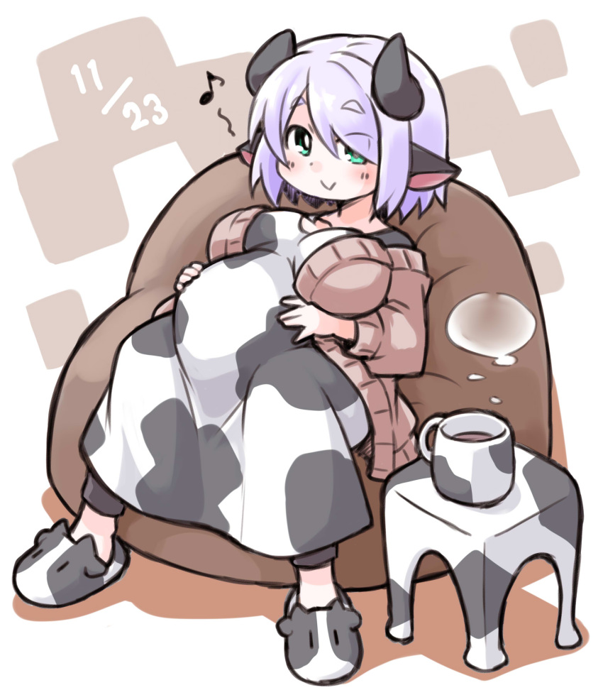 1girl animal_ears animal_print animal_slippers big_belly blush breasts cardigan chair coffee cow_ears cow_girl cow_horns cow_print cup dated dress eyebrows_visible_through_hair eyes_visible_through_hair green_eyes hair_over_one_eye hands_on_own_stomach highres horns kugelschreiber large_breasts light_purple_hair mug musical_note open_cardigan open_clothes original pregnant short_hair sitting slippers smile solo