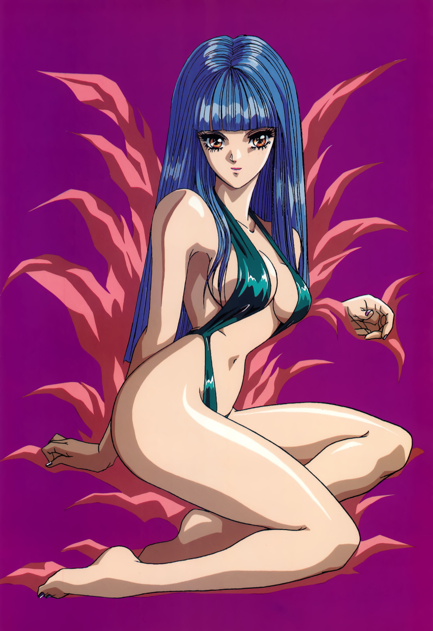 1girl aqua_swimsuit bangs barefoot blue_hair blunt_bangs breasts candy_(art_book) full_body highres large_breasts long_hair looking_at_viewer mon_mon nail_polish navel non-web_source original purple_background purple_nails red_eyes simple_background solo swimsuit