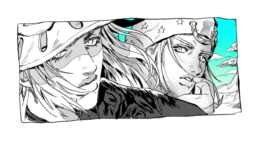 2boys beanie close-up gyro_zeppeli halftone hat horseshoe_ornament johnny_joestar jojo_no_kimyou_na_bouken lips long_hair male_focus multiple_boys nitako partially_colored sky steel_ball_run