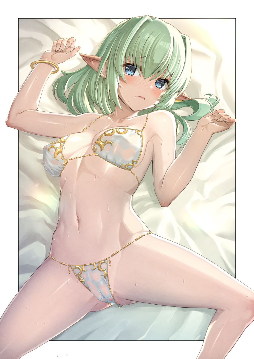 1girl absurdres arm_up bangs bikini blue_eyes blush border bracelet breasts cameltoe closed_mouth commentary_request earclip elf eyebrows_visible_through_hair green_hair hair_between_eyes halter_top halterneck hand_up highres jewelry jjjjjjj looking_at_viewer lying medium_breasts medium_hair navel nose_blush on_back original outside_border pointy_ears see-through shiny shiny_skin solo spread_legs stomach sweat swimsuit tearing_up white_bikini white_border