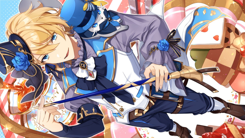 1boy blonde_hair blue_eyes epee fencing hat highres holding holding_weapon holostars kishido_temma looking_at_viewer male_focus mini_hat mini_top_hat pale_skin pink_no_babu solo sword top_hat weapon