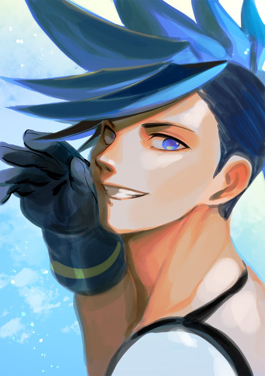 1boy 302 black_gloves blue_eyes blue_hair galo_thymos gloves highres male_focus portrait promare sidecut solo spiked_hair