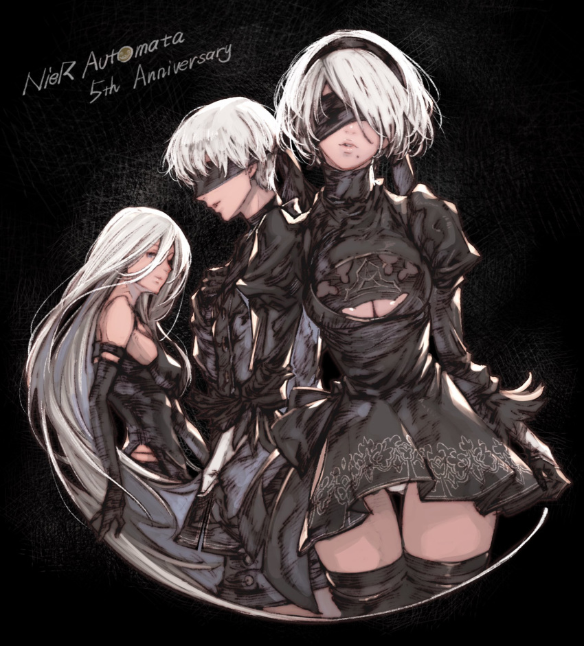 1boy 2girls black_background black_blindfold black_dress black_gloves black_hairband blindfold boots breasts cleavage cleavage_cutout clothing_cutout covered_eyes dress feather-trimmed_sleeves gloves grey_hair hairband high_heel_boots high_heels highres juliet_sleeves kazama_raita large_breasts leotard long_hair long_sleeves medium_breasts mole mole_under_mouth multiple_girls nier_(series) nier_automata puffy_sleeves silver_hair thigh_boots thighhighs thighhighs_under_boots thighs very_long_hair white_leotard yorha_no._2_type_b yorha_no._9_type_s yorha_type_a_no._2