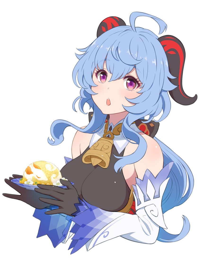 1girl absurdres ahoge bangs bare_shoulders bell black_gloves blue_hair blush bow breasts chestnut_mouth detached_sleeves eyebrows_visible_through_hair food ganyu_(genshin_impact) genshin_impact gloves gold_trim highres holding holding_food horns long_hair looking_at_viewer low_ponytail medium_breasts neck_bell prosperous_peace_(genshin_impact) purple_eyes sidelocks solo upper_body warabi_yuuzou white_background white_sleeves