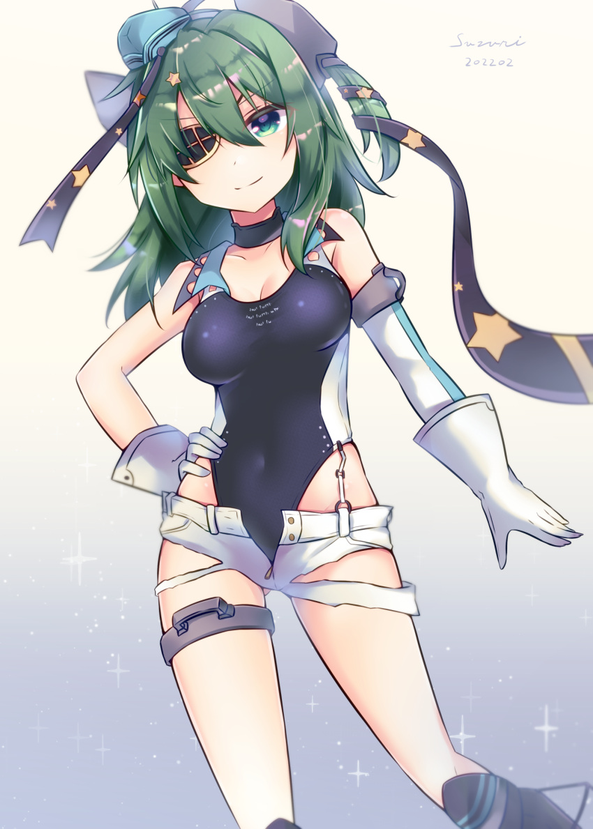 1girl alternate_costume aqua_headwear black_footwear black_ribbon black_swimsuit breasts cleavage competition_swimsuit cosplay cowboy_shot eyepatch garrison_cap gloves green_eyes green_hair hair_ornament hat highleg highleg_swimsuit highres kantai_collection kiso_(kancolle) kiso_kai_ni_(kancolle) one-piece_swimsuit remodel_(kantai_collection) ribbon rudder_footwear scamp_(kancolle) scamp_(kancolle)_(cosplay) short_shorts shorts side_ponytail small_breasts solo star_(symbol) star_hair_ornament suzuaki_(angelic-sh) swimsuit two-tone_swimsuit white_gloves white_shorts