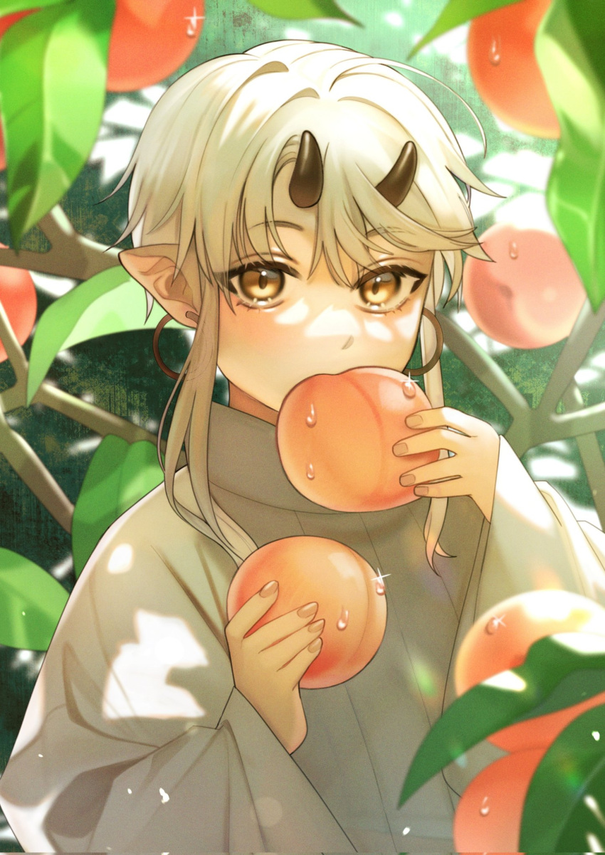 1600pommsky 1girl bangs blonde_hair blush brown_eyes day earrings eating eyebrows_visible_through_hair food food_in_mouth fruit glint grey_sweater hands_up highres holding holding_food holding_fruit hoop_earrings horns jewelry leaf looking_at_viewer oni_horns orchard original outdoors pointy_ears short_hair_with_long_locks sidelocks solo sweater turtleneck upper_body wide_sleeves