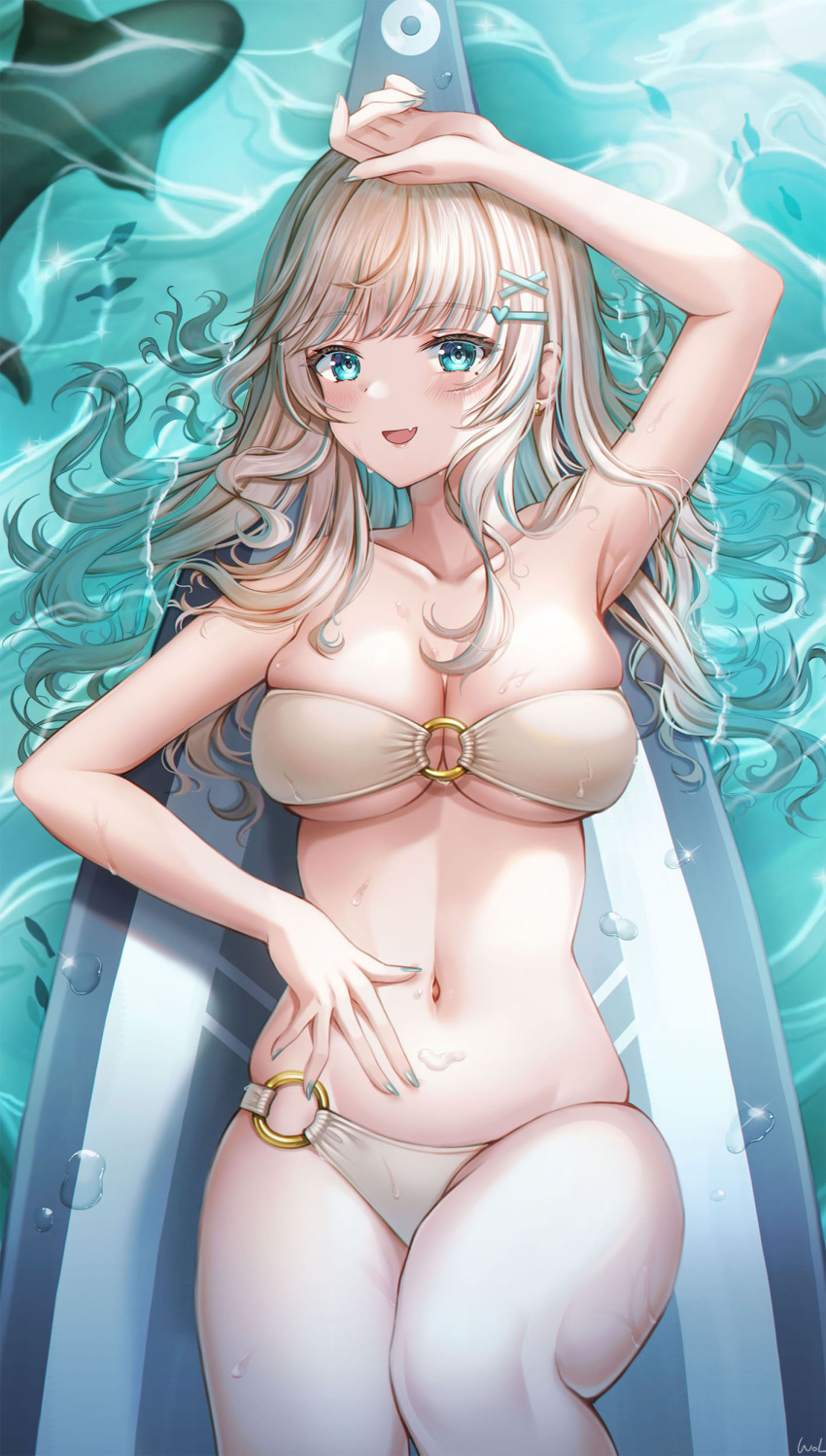 1girl :d absurdres arm_up bangs bare_arms bare_shoulders bikini blue_eyes blue_hair blue_nails blush breasts cleavage collarbone earrings eyebrows_visible_through_hair fang fish hair_ornament hand_on_own_stomach highres jewelry knee_up large_breasts long_hair looking_at_viewer lying multicolored_hair nail_polish o-ring o-ring_bikini o-ring_bottom on_back original shark signature smile solo strapless strapless_bikini streaked_hair surfboard swimsuit water white_bikini white_hair wol_(wol_927) x_hair_ornament