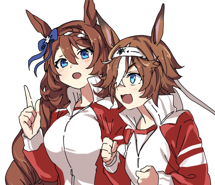 2girls animal_ears bamboo_memory_(umamusume) bangs blue_eyes blush braid brown_hair clenched_hands hair_between_eyes hair_over_one_eye headband highres horse_ears index_finger_raised iris_league jacket long_hair multicolored_hair multiple_girls open_mouth partially_unzipped red_jacket shirt simple_background smile streaked_hair super_creek_(umamusume) track_jacket umamusume upper_body white_background white_shirt