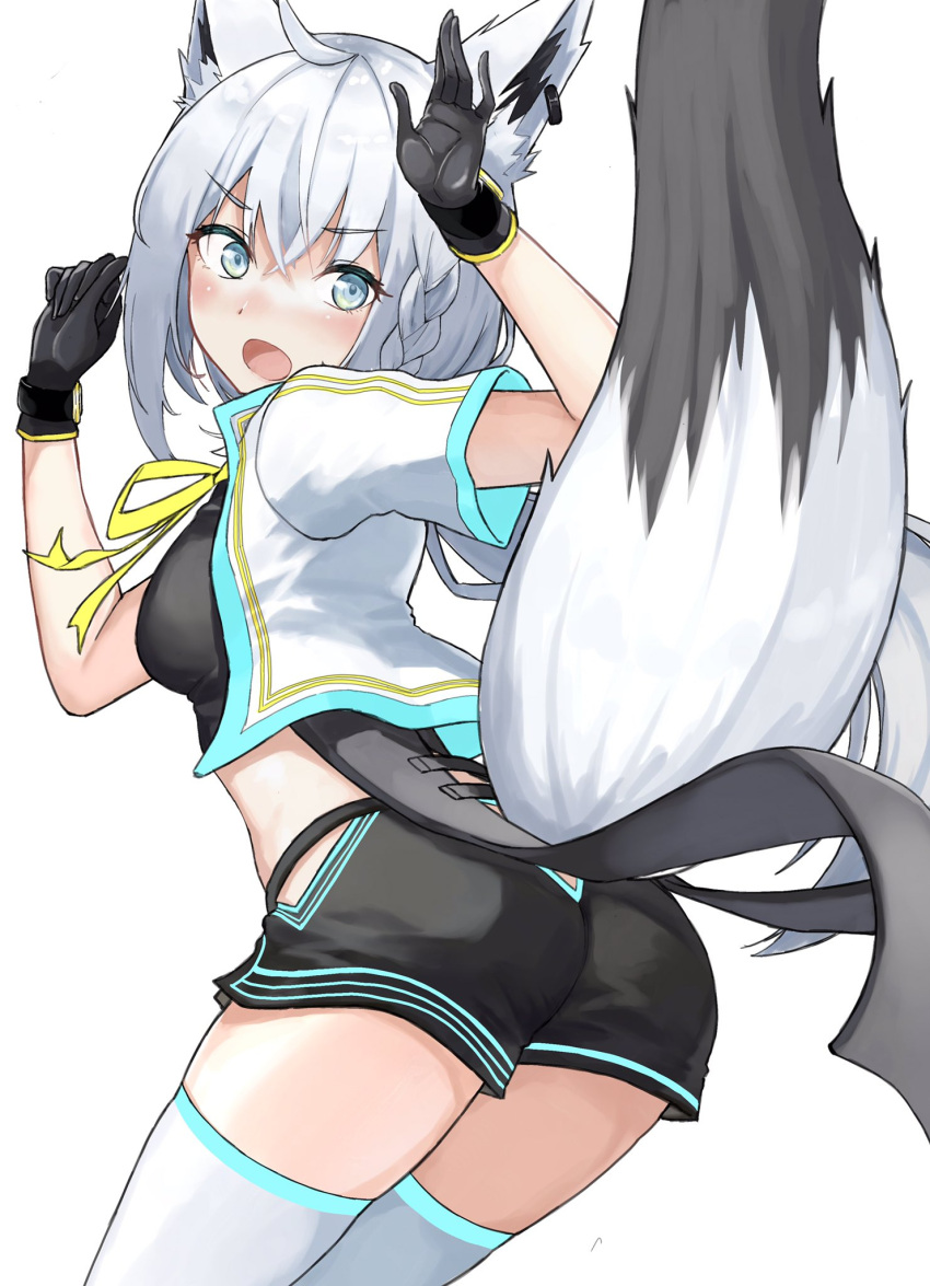 1girl ahoge animal_ears bangs black_gloves black_shirt black_shorts blush braid breasts commentary_request crop_top earrings eyebrows_visible_through_hair fox_ears fox_girl fox_tail gloves green_eyes hair_between_eyes highres hololive jewelry long_hair looking_at_viewer looking_back open_mouth shirakami_fubuki shirt short_shorts short_sleeves shorts sidelocks simple_background single_braid small_breasts solo tail thighhighs vest virtual_youtuber white_background white_hair white_legwear white_vest yubi_pen
