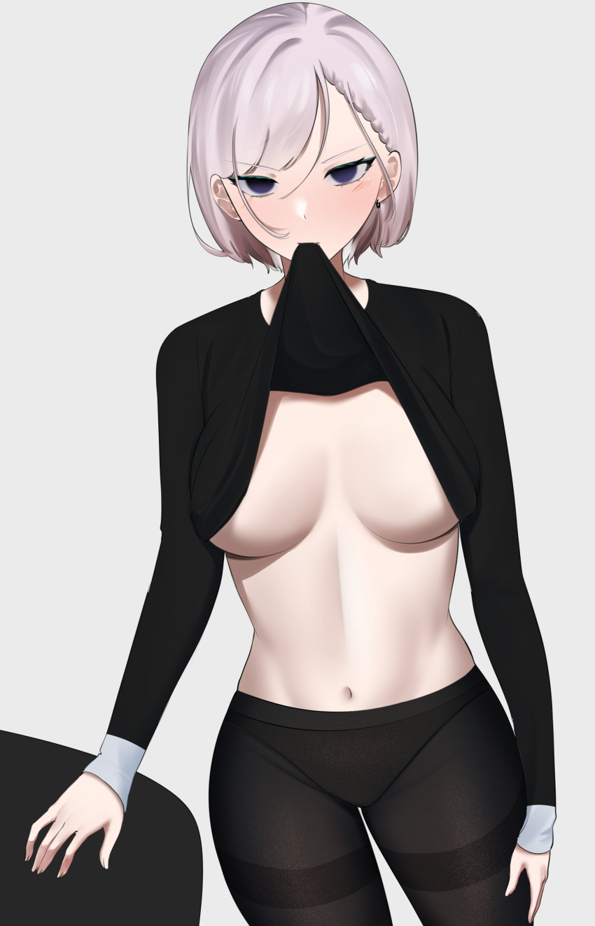 1girl absurdres black_legwear black_panties black_shirt blue_eyes blush braid breasts clothes_lift contrapposto empty_eyes eyebrows_visible_through_hair frown highres hololive hololive_indonesia jitome large_breasts lifted_by_self long_sleeves looking_at_viewer mouth_hold navel no_bra nose_blush panties panties_under_pantyhose pantyhose pavolia_reine rizu_pann shirt shirt_lift short_hair silver_hair simple_background solo stomach thighband_pantyhose underwear virtual_youtuber white_background