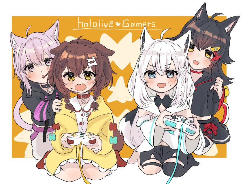 4girls ahoge animal_collar animal_ear_fluff animal_ears bangs black_hair black_hoodie black_shirt black_shorts black_skirt blush bone_hair_ornament border braid brown_hair cat_ears cat_girl cat_tail cheering collar commentary_request controller crop_top detached_sleeves dog_ears dog_girl dog_tail dress eyebrows_visible_through_hair fox_ears fox_girl fox_tail game_controller green_eyes hair_between_eyes hair_flaps hair_ornament hairclip hand_on_another's_shoulder highres holding holding_controller holding_game_controller hololive hololive_gamers hood hoodie horomiya inugami_korone jacket long_hair looking_at_viewer multicolored_hair multiple_girls nekomata_okayu ookami_mio open_clothes open_jacket open_mouth pants purple_eyes purple_hair red_hair seiza shirakami_fubuki shirt short_hair short_shorts shorts sidelocks single_braid single_thighhigh sitting skirt streaked_hair sweatdrop tail tail_around_leg thigh_strap thighhighs twin_braids virtual_youtuber white_dress white_hair white_hoodie white_legwear white_pants wolf_ears wolf_girl wolf_tail yellow_eyes yellow_jacket