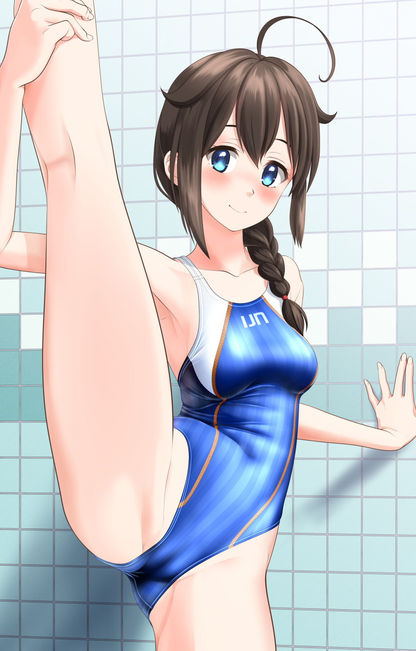 1girl absurdres ahoge black_hair blue_eyes blue_swimsuit braid breasts clothes_writing collarbone commentary_request competition_swimsuit cowboy_shot hair_flaps hair_ornament hair_over_shoulder highres kantai_collection looking_at_viewer medium_breasts one-piece_swimsuit shigure_(kancolle) shigure_kai_ni_(kancolle) single_braid solo split standing standing_on_one_leg standing_split striped striped_swimsuit swimsuit takafumi tile_wall tiles
