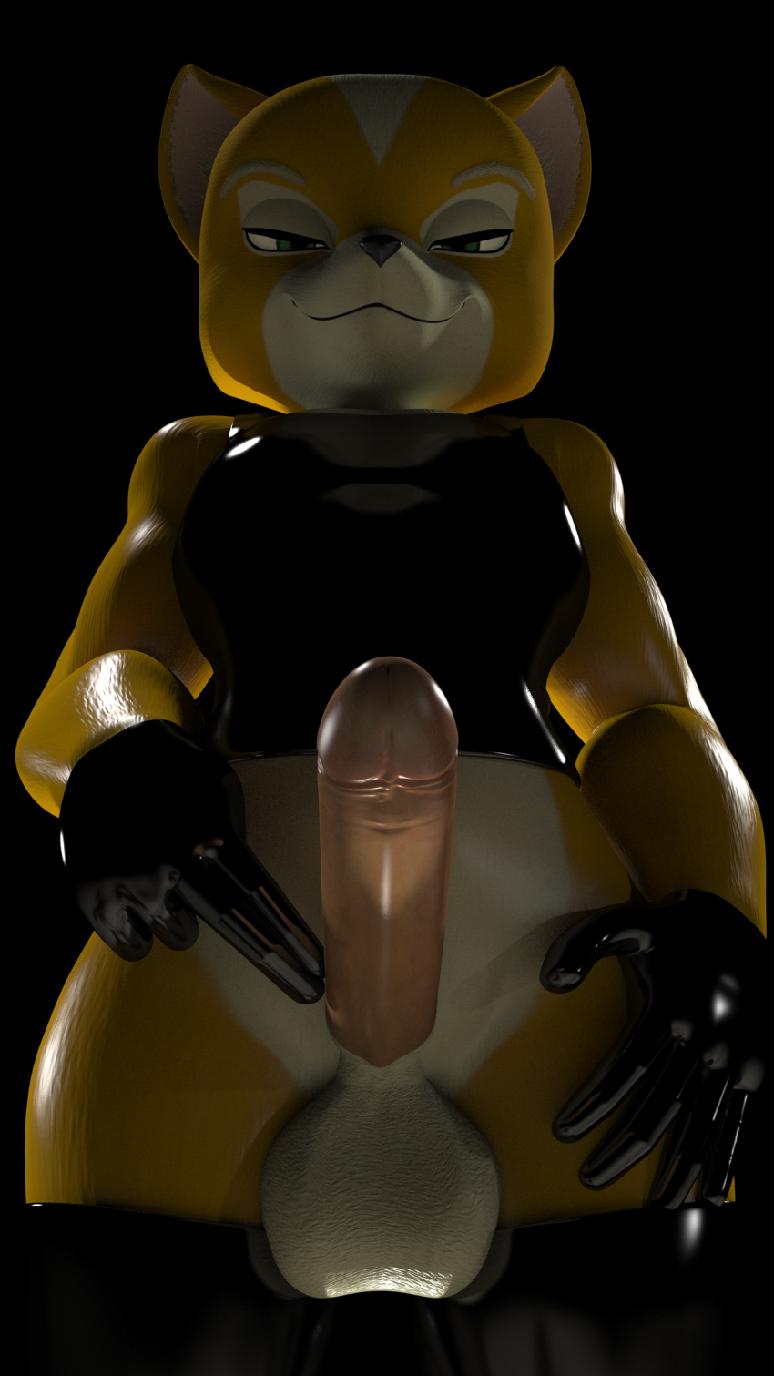 3d_(artwork) 9:16 absurd_res anthro balls bottomless canid canine clothed clothing digital_media_(artwork) dominant erection first_person_view fox fox_mccloud fur genitals hi_res humanoid_genitalia looking_at_viewer male mammal muscular nintendo penile penis rubber rubber_clothing rubber_suit simple_background smile smirk solo star_fox submissive submissive_pov themeshow101 tight_clothing video_games