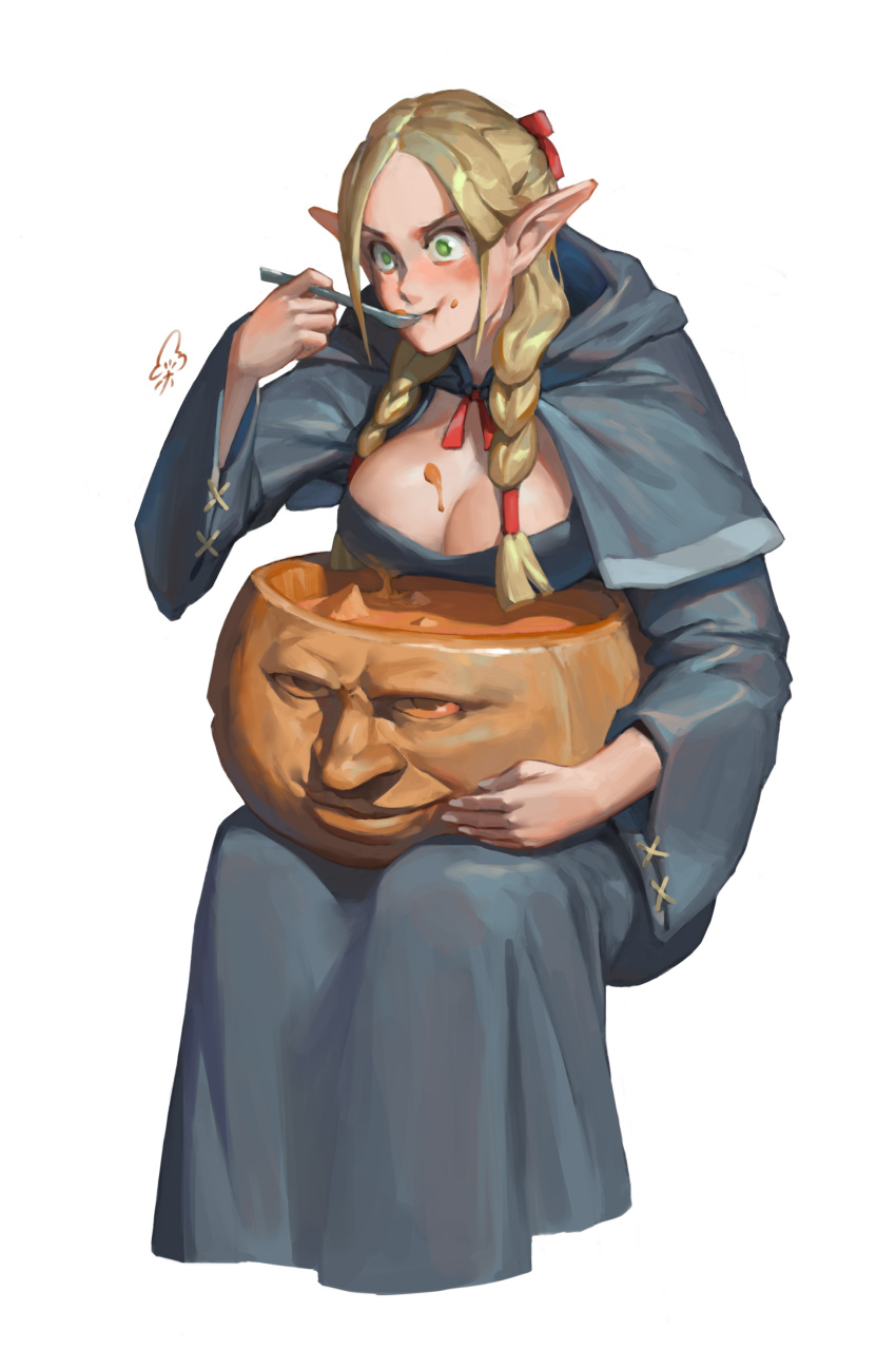 1girl absurdres blonde_hair braid breasts capelet chen_zhang cleavage commentary_request dungeon_meshi duplicate eating elf food_on_breasts fruit_cup green_eyes hair_ribbon highres hood hooded_capelet jack-o'-lantern large_breasts marcille photoshop_(medium) pixel-perfect_duplicate pointy_ears pumpkin red_ribbon ribbon robe signature simple_background sitting solo spoon treant twin_braids white_background