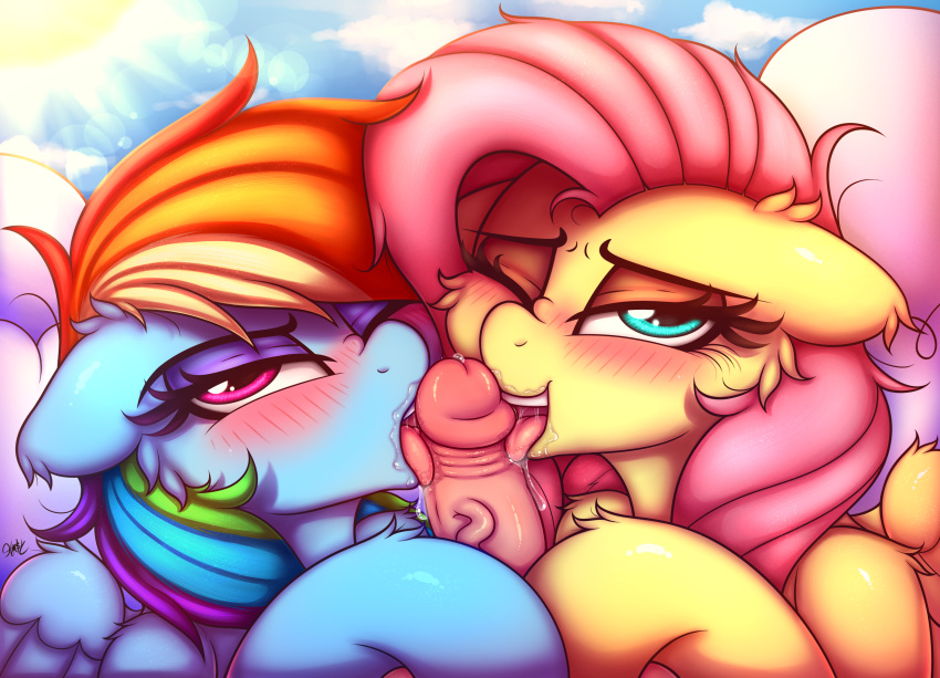 2022 absurd_res blush digital_media_(artwork) disembodied_penis duo_focus equid equine eyelashes female fluttershy_(mlp) friendship_is_magic genitals group hasbro heavymetalbronyyeah hi_res humanoid_genitalia humanoid_penis looking_at_viewer male male/female mammal my_little_pony open_mouth oral pegasus penis rainbow_dash_(mlp) sex tongue tongue_out vein wings