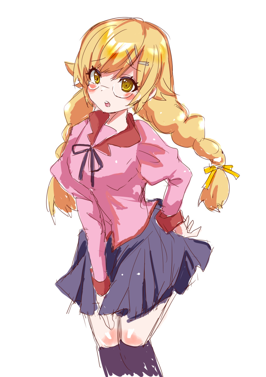 1girl absurdres apple_tea_(mellonnicola) bakemonogatari bangs black_legwear blush blush_stickers braid breasts glasses hair_flaps hair_ornament hairpin hand_on_hip highres long_hair long_sleeves looking_at_viewer medium_breasts monogatari_(series) naoetsu_high_school_uniform nisemonogatari oshino_shinobu pink_shirt pleated_skirt puffy_sleeves purple_skirt ribbon school_uniform shirt sketch skirt socks solo standing twin_braids white_background yellow_eyes