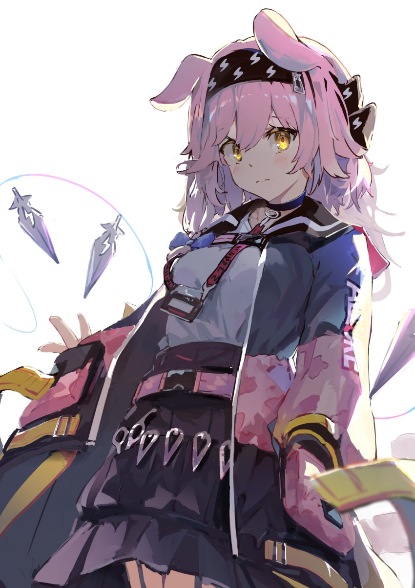 1girl animal_ears arknights bangs black_choker black_hairband black_skirt blue_bow blush bow braid breasts cat_ears choker closed_mouth cowboy_shot eyebrows_visible_through_hair floating floating_object garter_straps goldenglow_(arknights) hair_between_eyes hair_bow hairband high-waist_skirt highres id_card jacket lightning_bolt_print long_sleeves looking_at_viewer medium_breasts multicolored_clothes multicolored_jacket open_clothes open_jacket reishiro scissors side_braid simple_background skirt solo white_background yellow_eyes