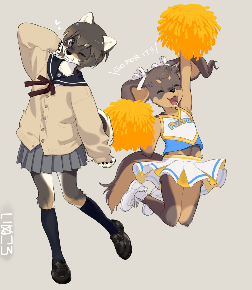 anthro canid canine canis cheek_tuft cheering cheerleader_outfit claws clothed clothing domestic_dog duo english_text facial_tuft female finger_claws footwear hi_res inner_ear_fluff japanese_school_uniform kikurage kuroshiba_nagomi kusuda_korone mammal neck_tuft pom_poms shoes simple_background text tuft